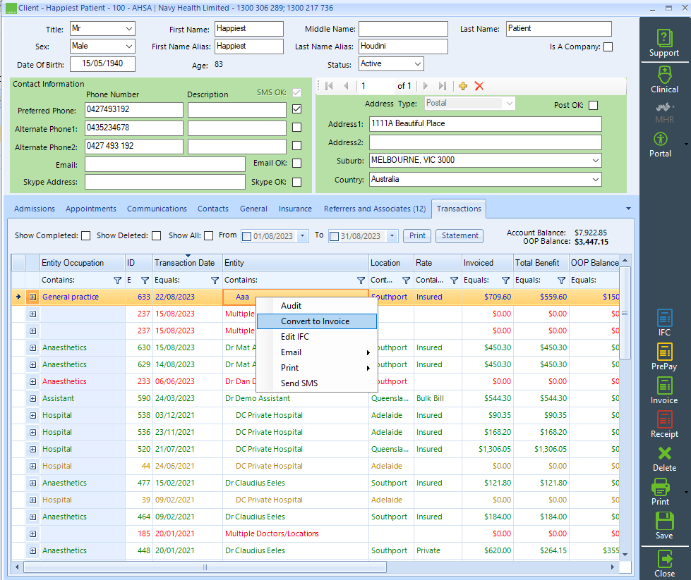 Admissions and IHC Invoice Direct CONTROL Medical (DCM)