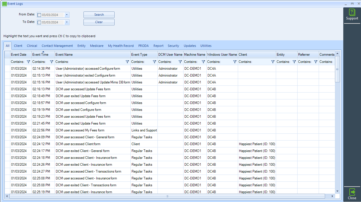 Event Logs Direct CONTROL Medical (DCM)